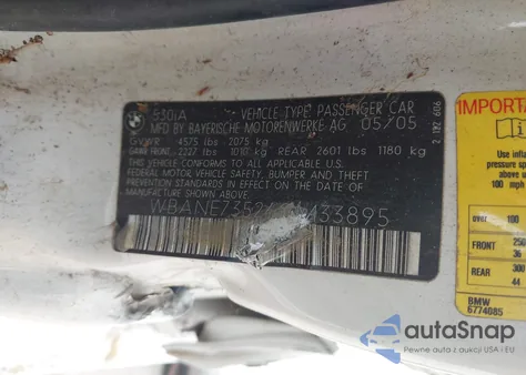 2006 BMW 530I z USA, uszkodzony, nr VIN WBANE73526CM33895